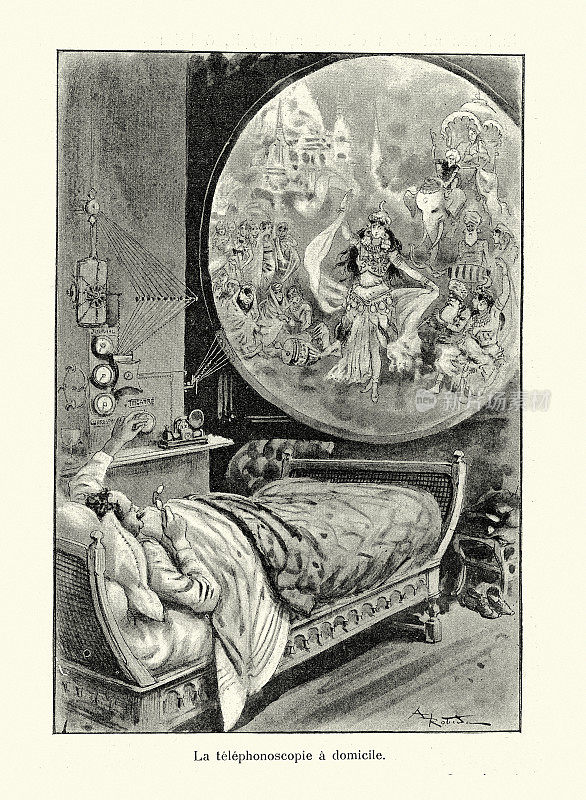 维多利亚时代的科幻小说，男人看一个La teleponscopie à住所，电视，法国，19世纪，19世纪90年代，19世纪